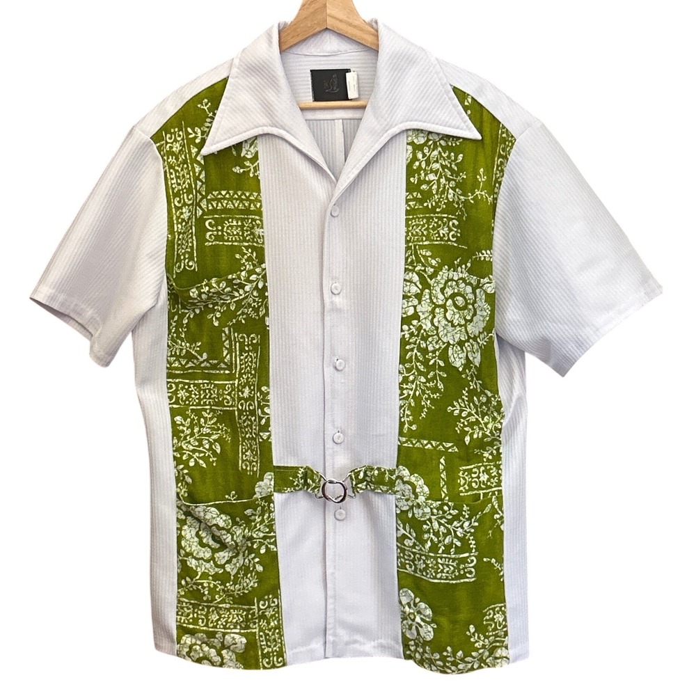 Vintage Style Short Sleeve Button Up Shirt Green Paisley Belted Collar